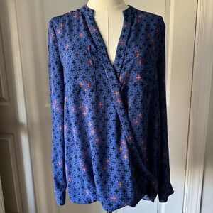 Anthropologie Maeve Eva Faux Wrap Flowy Blouse Tunic Size 4 Blue Coral Black AOP